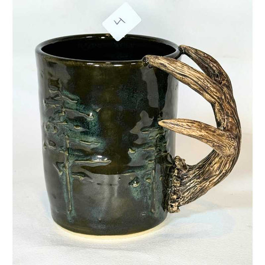 Ceramic mug with ceramic antlers and slip trailed trees #4