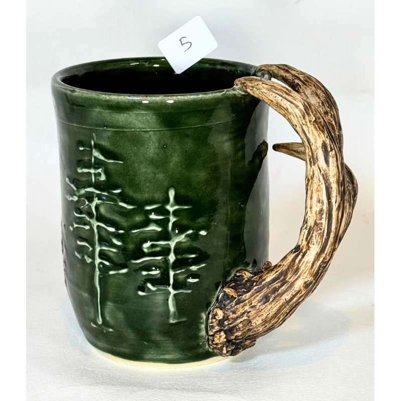 Ceramic mug with ceramic antlers and slip trailed trees #5